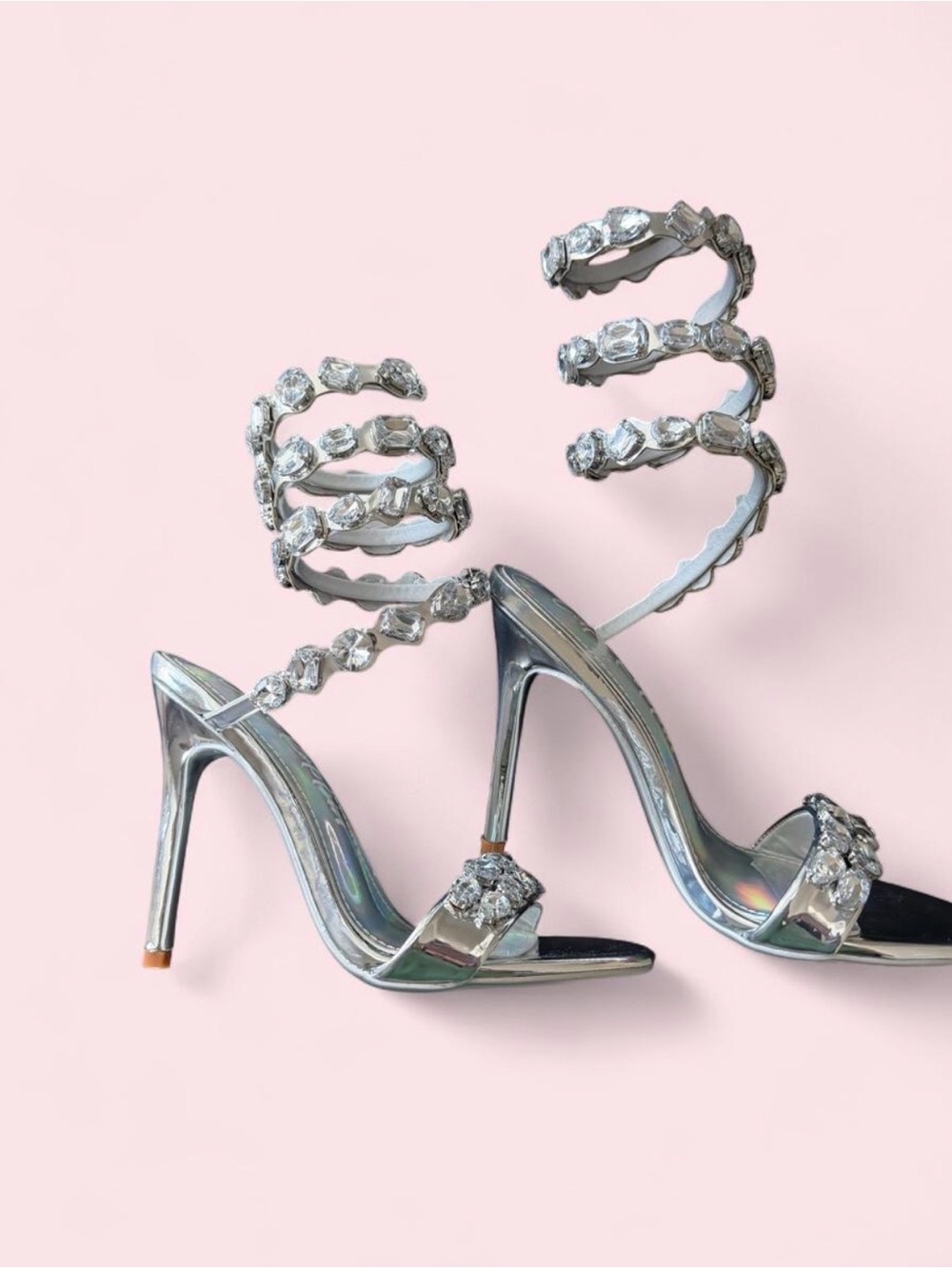Cape Robbin Silver Crystal Spiral Strap Heels